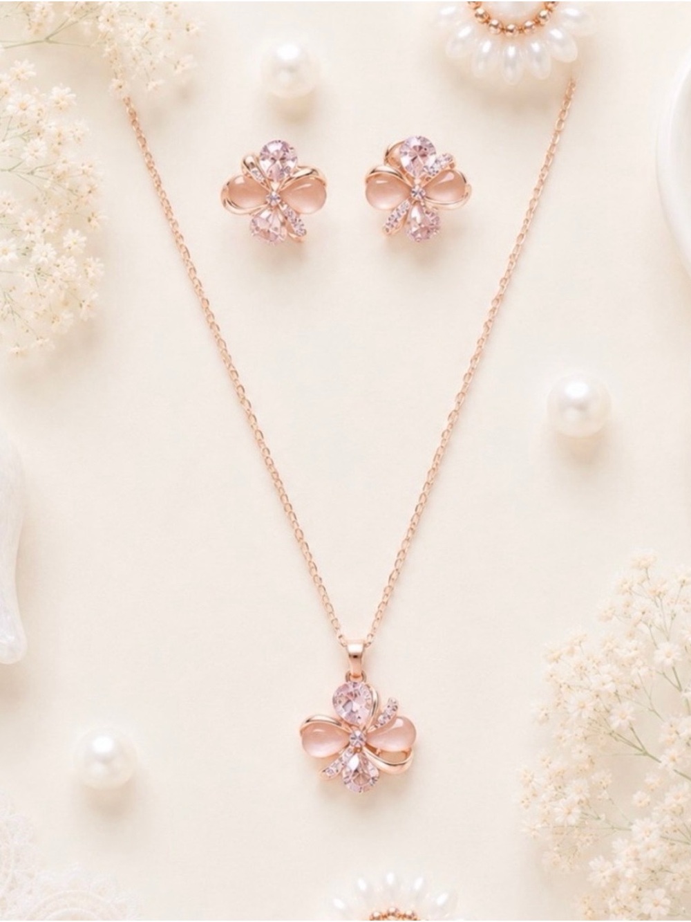 Rose Gold Pink Crystal Flower Necklace & Earrings Set - Women Jewelry
